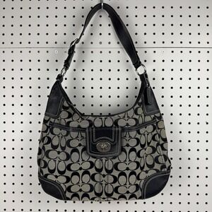 COACH Signature Hobo Shoulder Bag Turn Lock Leather Canvas Black Gray F 13971